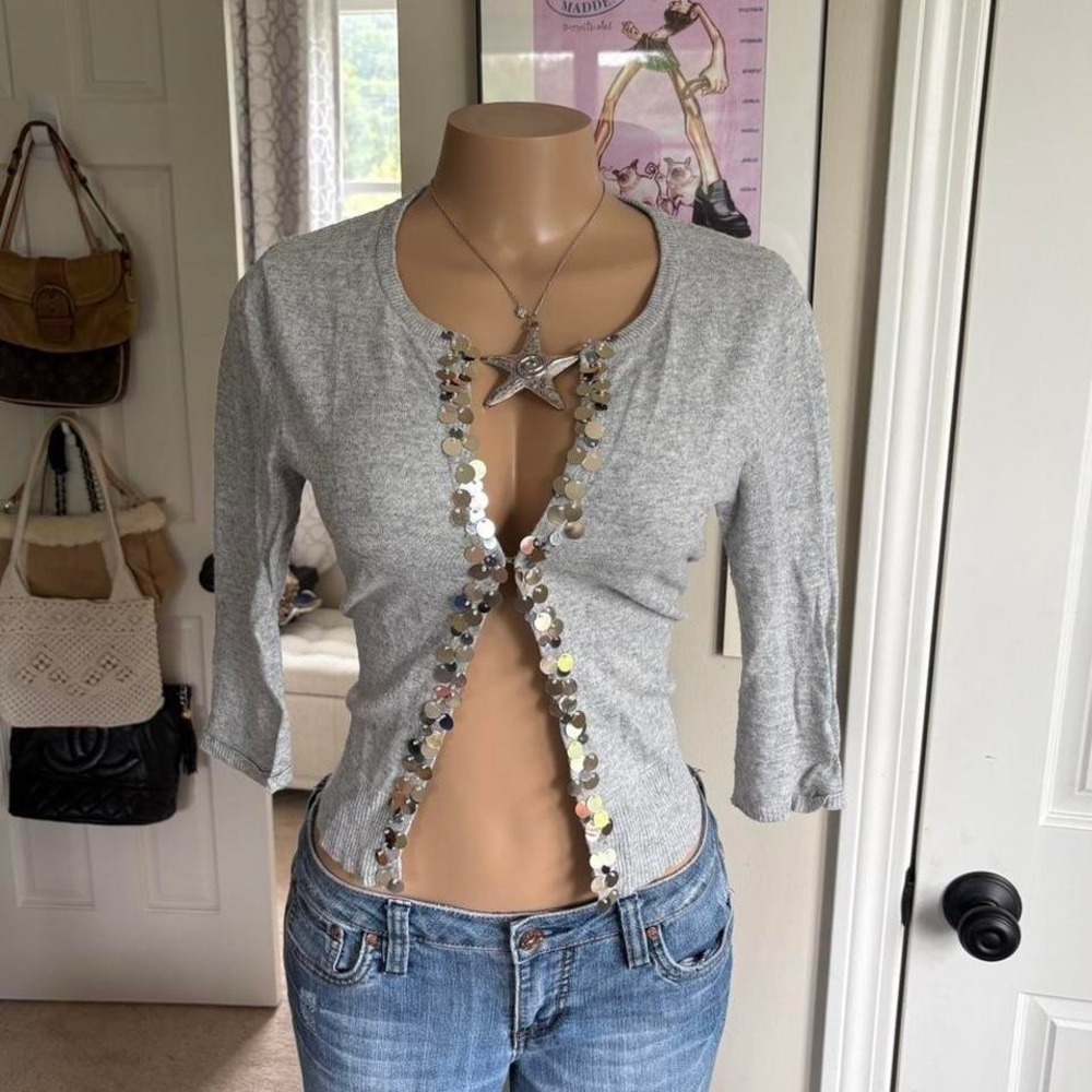 y2k 2000s mcbling grey sequin trim open front cardigan top